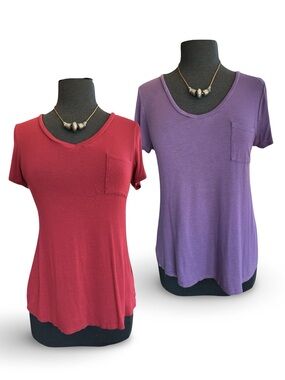 Silky Soft Stretch V-Neck Pocket Tee Shirt Top Set by Active Basic Size Medium